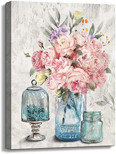 Rózsaszín Virág Wall Art a Fürdőszoba Decor Befőttesüvegben Virágos Modern Nyomtatási Festményről Keretben Rusztikus Akvarell,
