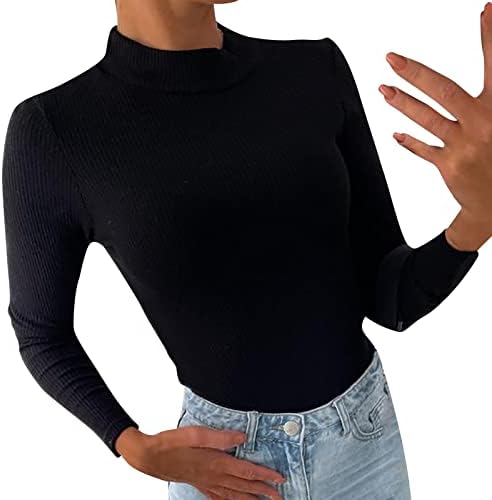 A nők Mock Nyak Hosszú Ujjú Pulóver Maximum Slim Fit Alapvető Szilárd, Könnyű, Kényelmes póló, Bordázott Ing Maximum