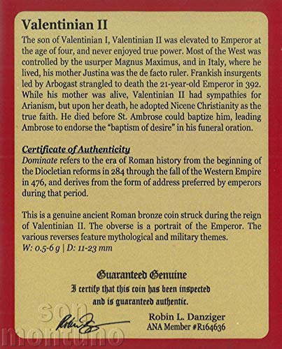 VALENTINIAN II - Ókori Római Bronz Érme Mappát Eredetiséget igazoló Tanúsítvány 375-392 AD - DINASZTIA ELEJÉN