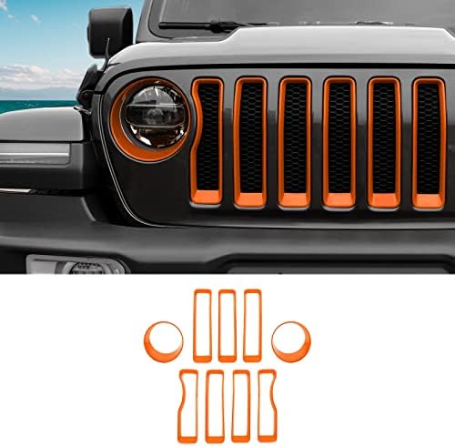 SQQP Hálós Rács Grill Insert+Fényszóró villanyt Fedezze Trim Kompatibilis 2018-2023 Jeep Wrangler JL JLU (Narancssárga)
